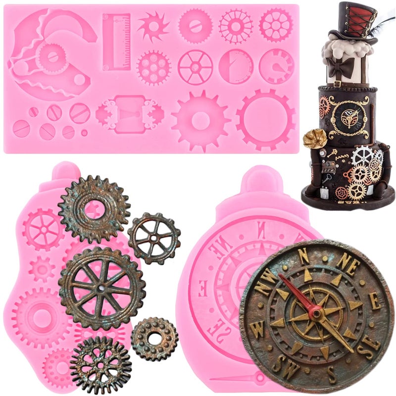 ZiXiang Steampunk Gear Silicone Mold Compass Cogs Gears Teeth Fondant Molds For Steampunk Travel Themed Cake Decoration Chocolate Candy Cupcake Topper Polymer Clay Set Of 3 - Image 1